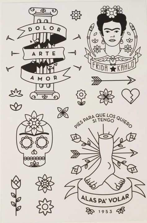 Latina Tattoo Ideas Mexican Art, Frida Kahlo Tattoo Ideas, Latina Tattoo Ideas, Vietnam Art Design, Frida Kahlo Tattoo, Traditional Tattoo Prints, Frida Tattoo, Sculpture Tattoo, Frida Kahlo Tattoos