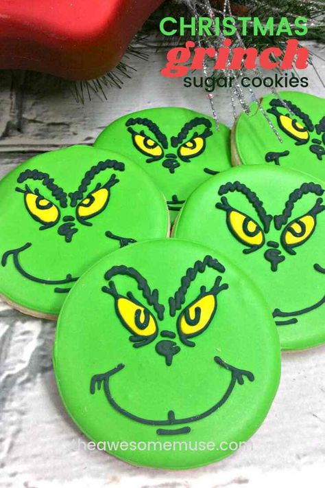 It doesn't really feel like Christmas until we watch How the Grinch Stole Christmas. And it's so much fun to do a Grinch themed Christmas party too! You can make all kinds of delicious treats like these cute Grinch Sugar Cookies. They are surprisingly easy to make using a simple sugar cookie. And there are step-by-step instructions for how to pipe his face in the icing too! #Christmas #Cookies Grinch Sugar Cookies, Christmas Cookies Grinch, Grinch Ideas, Christmas Sugar Cookies Decorated, Grinch Cookies, Grinch Christmas Party, Themed Food, Food Activities, Easy Sugar Cookies