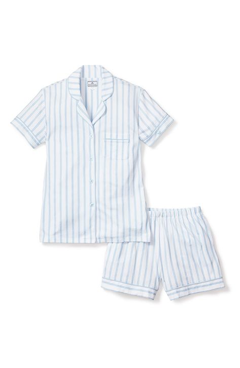 Cozy up in these luxurious pima-cotton pajamas patterned in timeless stripes that offer refined charm to your evening routine. Top has front button closure; notched collar; short sleeves; chest patch pocket Shorts have elastic waist 100% pima cotton Machine wash, tumble dry Made in Peru Preppy Pyjamas, Knit Pajamas, Pajama Short Set, Pecking Order, Cotton Pajama Shorts, Pajama Short, Short Pajamas, Coastal Room, Bedtime Ritual