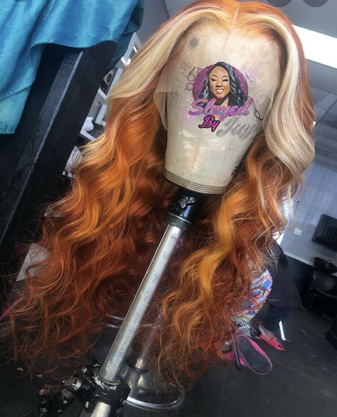 Ginger Lacefronts, Orange Wig With Blonde Highlights, Ginger And Blonde Wig Black Women, Blond And Orange Hair, Orange Hair With Blonde Streak, Ginger And Blonde Wig, Orange And Blonde Hair Black Women, Orange And Blonde Wig, Middle Part Blonde Bob