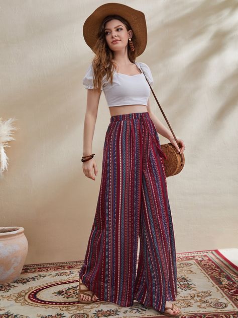 SHEIN Mulvari Mixed Print Tassel Knot Waist Palazzo Pants | SHEIN USA Palazzo Pants Outfit Indian Casual, Printed Palazzo Pants Outfit, Palazzo Pants Outfit Indian, Western Boho Outfits, Palazzo Pants Summer, High Waist Loose Pants, Palazzo Outfit, Palazzo Pants Outfit, Thailand Outfit