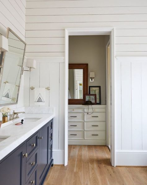 Modern Farmhouse Bathroom with Vertical and Horizontal Shiplap Walls Horizontal Shiplap, Shiplap Farmhouse, Navy Cabinets, Man Bathroom, Bathroom Counter Decor, Serene Bathroom, Ideas For Bathroom, Counter Decor, Modern Farmhouse Bathroom