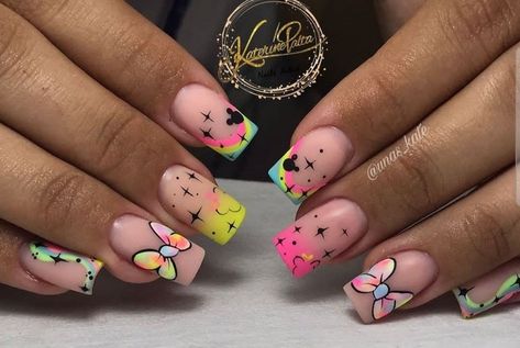 Disney Style Nails, Disney Nails Neon, Daisy Duck Nails Disney, Disney Flower And Garden Nails, Disney Nails Acrylic Square, Disney Easter Nails, Disney Themed Nails Acrylic Short, Bright Disney Nails, Neon Disney Nails