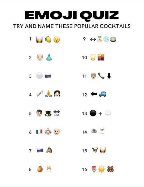 Cocktail drink inspired emoji quiz. Great for printing out and passing out at as a party activity. Click the link (to my portfolio site) for the answers! Cocktail Emoji, Happy Birthday Emoji, Emoji Quiz, Emoji Combos, Popular Cocktails, Emoji Birthday, Cocktail Drink, Blue Cocktails, Portfolio Site