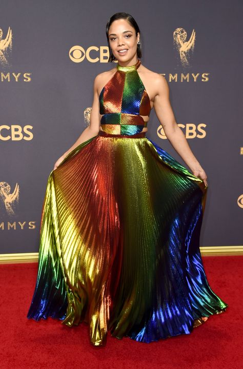 See what Issa Rae, Nicole Kidman, Donald Glover and more celebrities wore on television’s biggest award show. Red Carpet 2017, Emmys Red Carpet, Rainbow Wedding, Rainbow Outfit, Kitchen Carpet, Tessa Thompson, Rosie Assoulin, Rainbow Fashion, Rainbow Dress