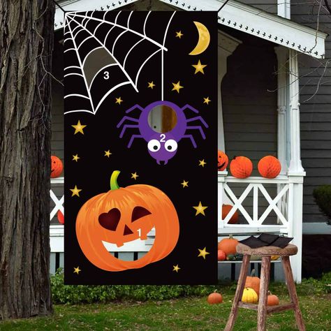 Halloween Bean Bag Toss, Downtown Halloween, Pumpkin Spider Web, Halloween Classroom Decorations, Moldes Halloween, Halloween Window Clings, Game Banner, Bag Toss Game, Halloween Classroom