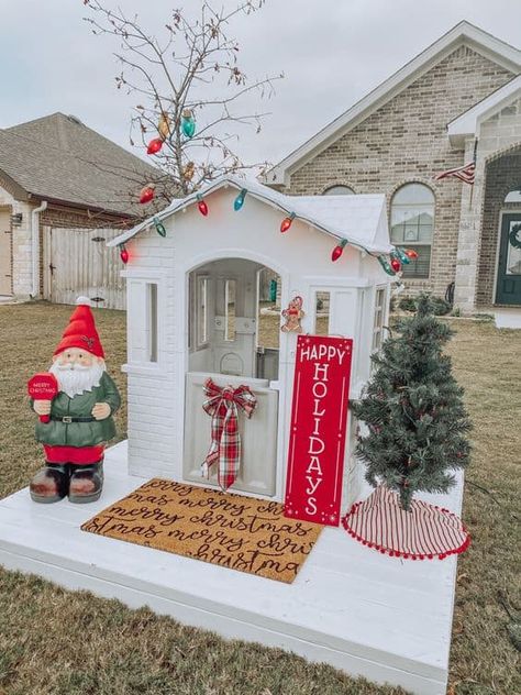 20 Kids Christmas Playhouse Decor Ideas » Lady Decluttered Christmas Playhouse Decoration, Playhouse Fall Decor, Fall Playhouse Decor, Little Tykes Playhouse Gingerbread House, Christmas Lights On Playhouse, Christmas Decorated Playhouse, Decorating Playhouse For Christmas, Turn Playhouse Into Gingerbread House, Christmas Play House Diy