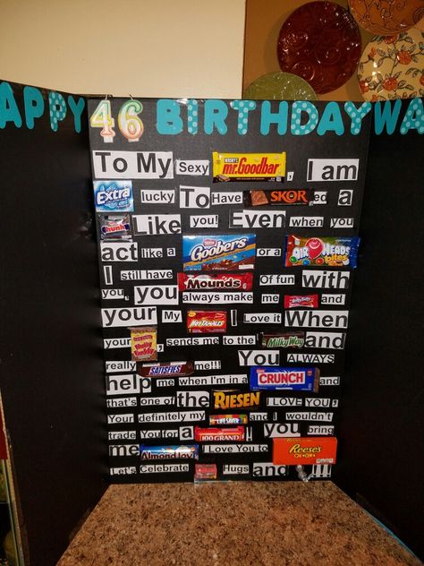 I did it for my husband 46th birthday, it was a big hit. Birthday For Husband Ideas At Home, 46th Birthday Ideas For Him, Boyfriend 40th Birthday Ideas, 36th Birthday Ideas For Husband, 32nd Birthday Ideas For Husband, 46th Birthday Cake, Husband Birthday Ideas, Birthday Ideas For Husband, Candy Boards