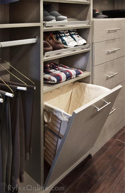 Hamper Closet, Angled Shoe Shelves, Closet Hamper, Tilt Out Hamper, Tilt Out Laundry Hamper, Primary Closet, Built In Closet, Master Closet Design, Next Bedroom