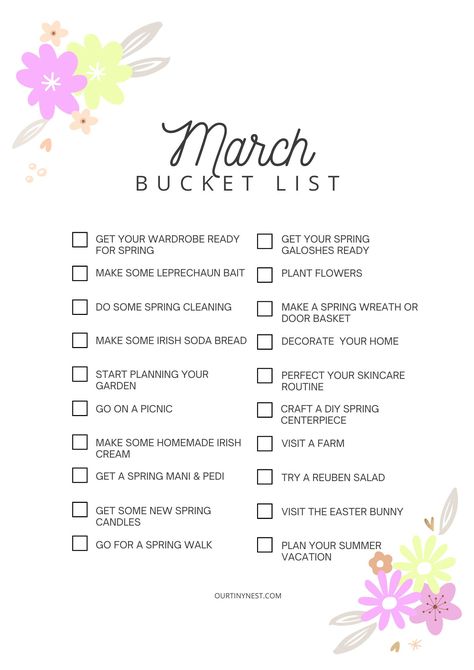 Free printable March spring bucket list March Bucket List, Free Printable Bucket List, Printable Bucket List, Spring Bucket List, Cute Date Ideas, Spring Fun, Holiday Vibes, Blog Topics, Bucket Lists