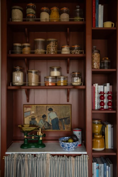 Country Kitchen Black Cabinets, Pantry Shelf Layout, Exposed Pantry Ideas, No Pantry Storage Ideas, Forest Themed Kitchen, Eclectic Pantry, Exposed Pantry, English Pantry, Colorful Pantry