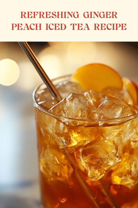 This pin showcases a vibrant Ginger Peach Iced Tea, blending sweet peach and zesty ginger flavors for a refreshing drink perfect for hot days. Image illustrates the drink and breezy summer vibe. Peach Iced Tea Recipe, Peach Iced Tea, Iced Tea Recipe, Peach Syrup, Perfect Summer Drink, Peach Ice Tea, Ginger Peach, Iced Tea Recipes, Beverage Recipes