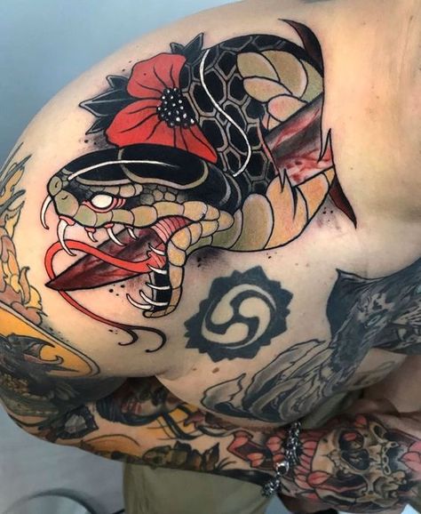 15 Amazing Snake Tattoo To Try Out - Gist94 Neo Snake Tattoo, Neo Traditional Tattoo Men, Neo Trad Snake, Neo Traditional Back Piece, Neo Traditional Snake Tattoo, Japanese Neo Traditional Tattoo, Neo Traditional Tattoo Sleeve, Neo Traditional Snake, Neo Traditional Sleeve