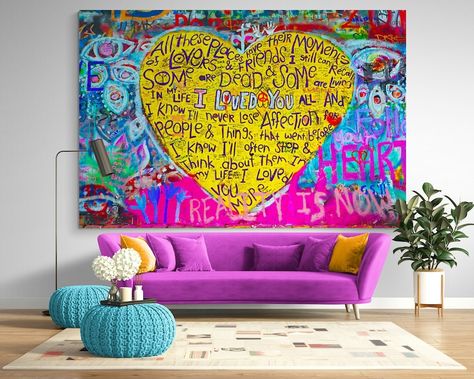 Graffiti Love Heart Colorful Bright Street Pop Art Canvas Print Wall Decor Modern Motivation Extra Large Urban Ready to Hang Painting - Etsy Modern Abstract Paintings, Love Graffiti Art Words, Painting Words On Canvas, Pop Art Room Decor, Teen Hangout Space, Canvas Art Graffiti, Hearts Artwork, Heart Art Painting, Pop Art Home Decor