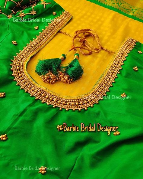 Green Bridal Blouse, Pink Blouse Designs, Gold Work Embroidery, Cotton Silk Fabric, Simple Embroidery Designs, Bead Embroidery Tutorial, Bridal Consultant, Maggam Work Blouses, Embroidery Neck Designs