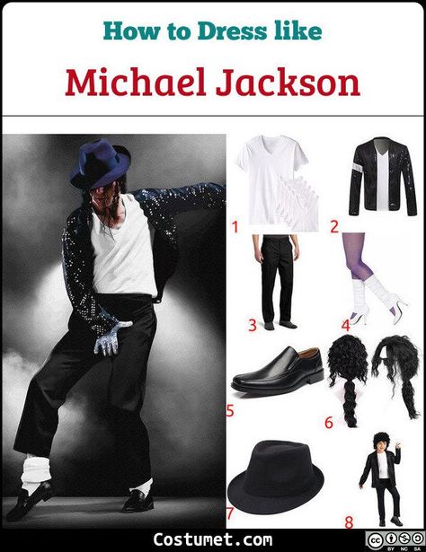 For Billie Jean, Michael wore a white, V-neck undershirt tucked into black slacks, a black sequined jacket, white leg warmers, black loafers, a single silver sequined glove, and a black fedora.             #Artist #male #icon #black #personality #pop #MichaelJackson Michael Jackson Bad Costume, Michael Jackson Halloween Costume, Michael Jackson Zombie, Michael Jackson Halloween, Billie Jean Michael Jackson, Michael Jackson Party, Michael Jackson Costume, White Leg Warmers, Michael Jackson Outfits