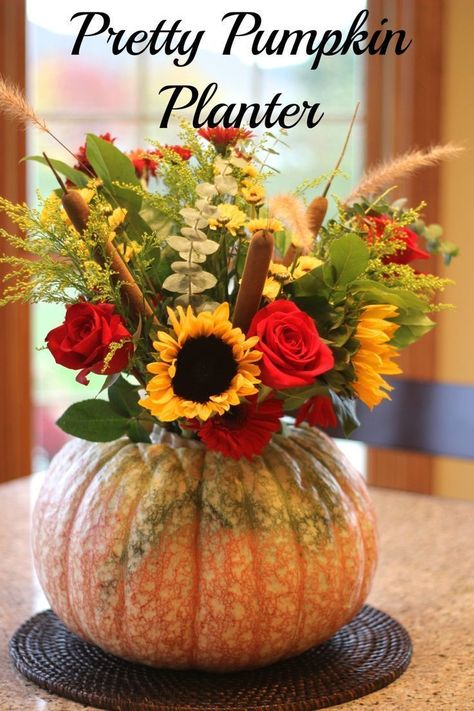 A pretty pumpkin planter. So wonderfully seasonal right now! Autumnal Inspiration, Decor Things, Thanksgiving Decorating, Pumpkin Planter, Green Peace, Pumpkin Vase, Container Garden Design, Floral Arranging, Fall Forest