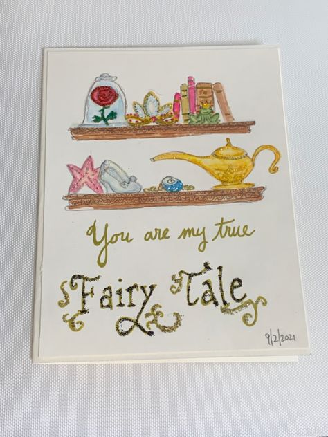 Greeting card featuring symbols of Disney princesses, you are my True Fairy tale. Disney Mothers Day Cards, Disney Thank You Cards, Disney Cards Handmade, Diy Disney Cards, Disney Birthday Cards, Disney Symbols, Disney Birthday Card, Baby Art Crafts, Disney Anniversary