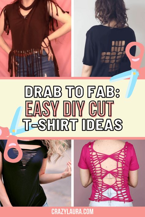 We've got something exciting for you: DIY cut T-shirt ideas! These will revolutionize your wardrobe without requiring any sewing skills. #DIY #Upcycled #Handcrafted Shirt Distressing Diy, Cutout Tshirt Diy Shirt Ideas, Diy Distressed Shirt, How To Cut A Tshirt Cute, Cut T Shirt Neckline, Diy Cutout Shirt, Cut Tshirt Designs, Braided Shirt, Shirt Alterations