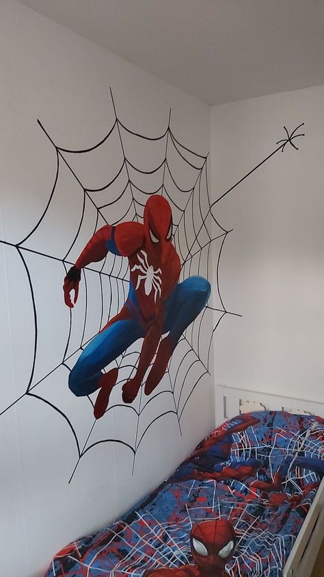 Spiderman Wall Painting, Marvel Kids Bedroom, Spider Man Bedroom Ideas, Spiderman Room Ideas, Spiderman Kids Room, Superhero Theme Bedroom, Spiderman Wall Decor, Spiderman Room Decor, Spiderman Wall Art