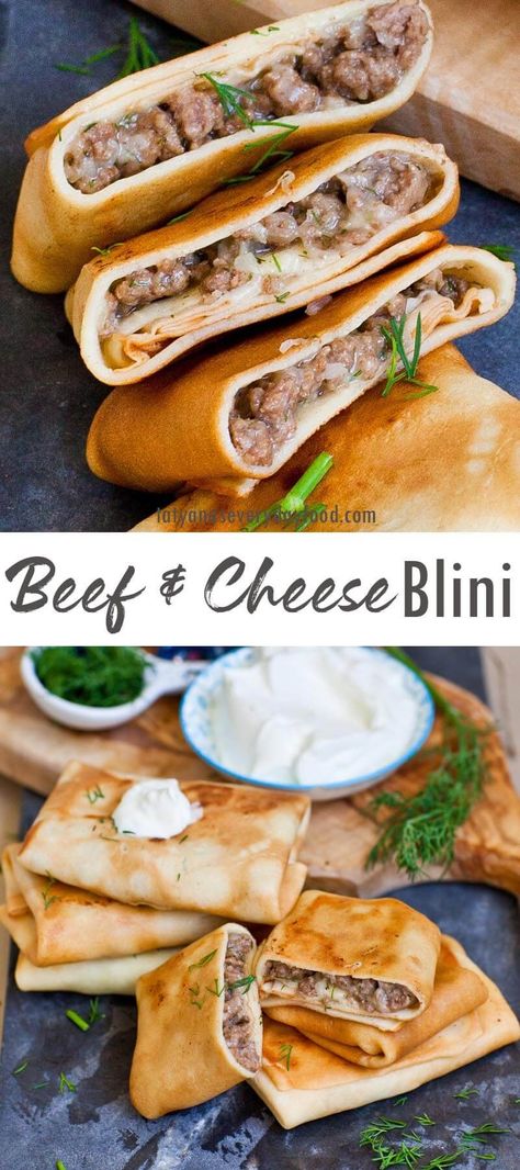 Easy Cheese & Meat Blini (video) - Tatyanas Everyday Food Blini Recipe, Russian Food Recipes, Russian Foods, Russian Dishes, Eastern European Recipes, Tasty Meat, Savory Crepes, Meat Appetizers, Ukrainian Recipes