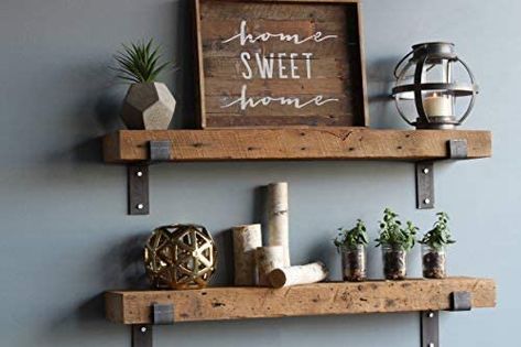 Amazon.com: Urban Legacy Reclaimed Wood Shelves | Floating Or with Brackets | Amish Handcrafted in Lancaster County, PA | Set of Two - Genuine, Salvaged (Bracketed Natural, 40" x 7" x 2.5"): Home & Kitchen Natural Shelves, Barnwood Shelves, Industrial Wall Shelves, Reclaimed Wood Floating Shelves, Shelves Floating, Lancaster County Pa, Reclaimed Wood Shelves, Rustic Floating Shelves, Deep Shelves