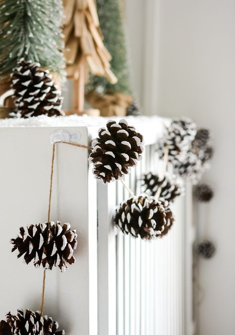 Holiday Mantel Fantel with Trees Pinecone Garland, Burlap Christmas Tree, Pine Cone Christmas Tree, Christmas Pine Cones, Diy Pinecone, Christmas Homemade, Holiday Mantel, Neutral Christmas Decor, Cone Christmas Trees