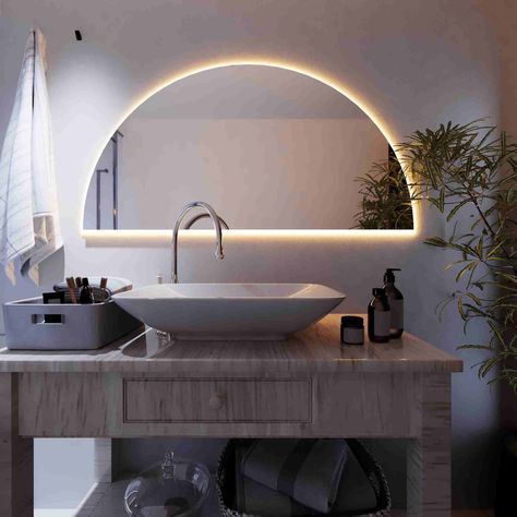 Semi Circle Led Washbasin Mirror - Bathroom Half Moon Decor Led Mirror - Half Round Led illuminated Wall Mirror - Lighted Makeup Art Mirror Half Moon Mirror, Above The Sink, Moon Mirror, Art Mirror, Led Light Design, Mirror With Led Lights, Mirror Bathroom, Mirror Design Wall, Unique Mirrors