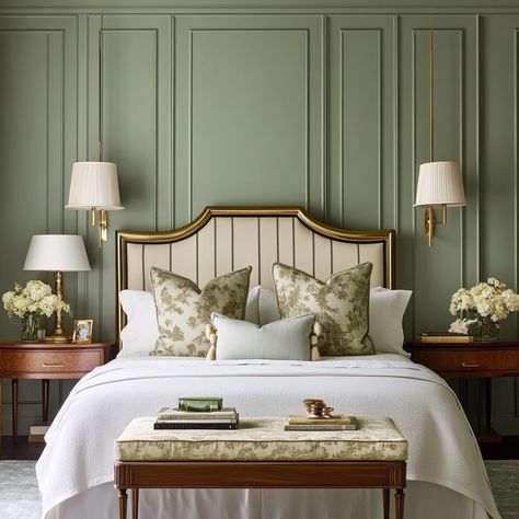 Green Bedroom Inspiration: Turn your Dream into Reality - Design Morsels Green Wall Gold Accents, Green And Dark Wood Bedroom, Green Color Drenched Bedroom, Southern Traditional Bedroom, Green Bedroom Interior Design, Green Victorian Bedroom, Green Master Bedrooms Decor, Green Bedding Ideas, Green Guest Bedroom