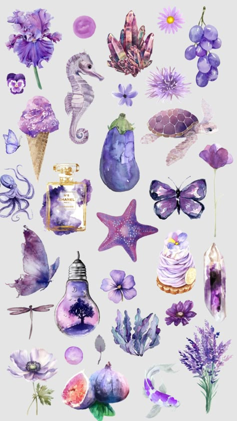 Aquarelle Ideas, Dreams Journal, Purple Stickers, Purple Collage, Photowall Ideas, Pink Board, Canvas Learning, Stickers Journal, Patterns Wallpaper