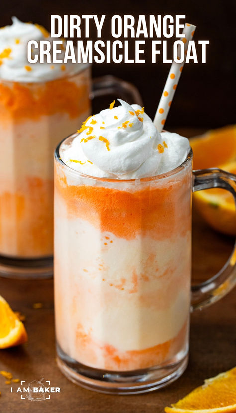 This Dirty Creamsicle Float is a boozy twist on a classic creamsicle, made with ice cream, orange soda, and vanilla vodka. It’s a beautiful drink, but, this adult beverage still packs a punch when it comes to the alcohol! Imagine having a few sips on a hot summer day! Creamsicle Drink Alcohol, Cream Cicle Drink, Alcoholic Ice Cream Drinks, Float Drinks, Creamsicle Recipes, Creamsicle Float, Alcoholic Ice Cream, Ice Cream Punch, Creamsicle Drink