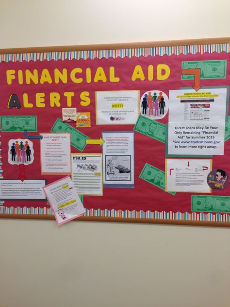 Financial aid board Financial Aid Bulletin Board Ideas, Fafsa Bulletin Board Ideas, Financial Aid Bulletin Board, Scholarship Bulletin Board, Literacy Bulletin Boards, School Counseling Bulletin Boards, Academic Advisor, College Advising, College Advisor