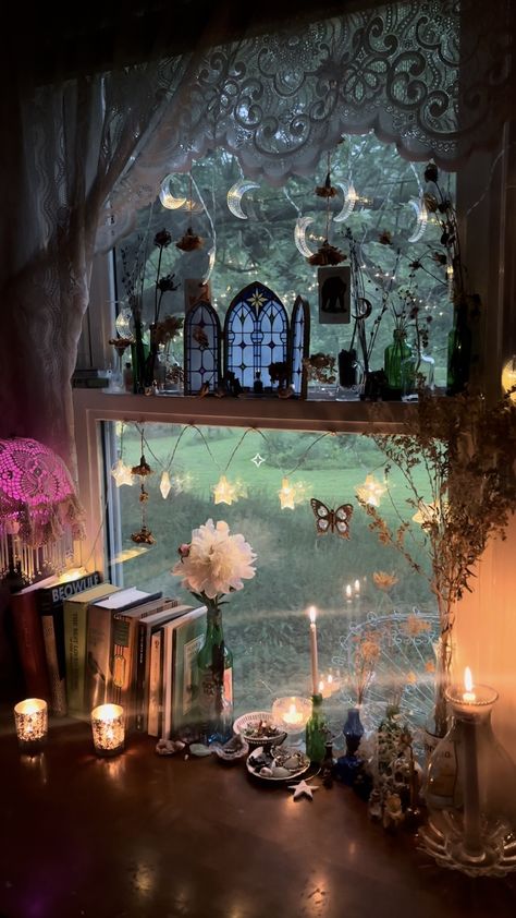 Fairy House Aesthetic Inside, Whimsy Goth Interior, Fairy Cottage Room, Mystical Room Aesthetic, Whimsigoth Porch, Magical Room Aesthetic, Whimsigoth Diy Decor, Whimsigoth Bookshelf, Whimsy Goth Home Aesthetic