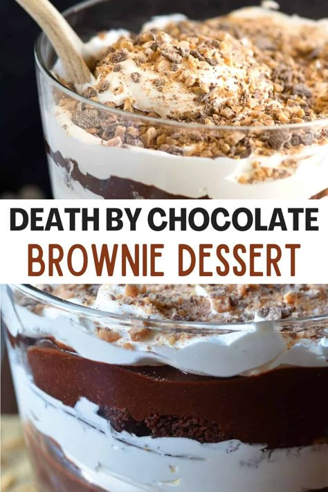 Oh My Goodness Chocolate Desserts, Brownie Chocolate Trifle, Dessert Recipes Trifle Layered, Pudding Truffle Desserts, Chocolate Triffle Recipes, Chocolate Pudding Truffle Brownie Trifle, No Bake Chocolate Brownie Cool Whip, Brownies And Pudding Desserts, No Bake Chocolate Pudding Dessert