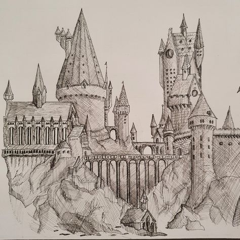 Ink pen hogwarts drawing The Colloseum Drawing, Sketch Ideas Harry Potter, Vintage Castle Drawing, Hogwarts Sketch Easy, How To Draw Hogwarts Castle, Harry Potter Castle Painting, Chamber Of Secrets Drawing, Hogwarts Sketch Castle, Sketch Of Harry Potter