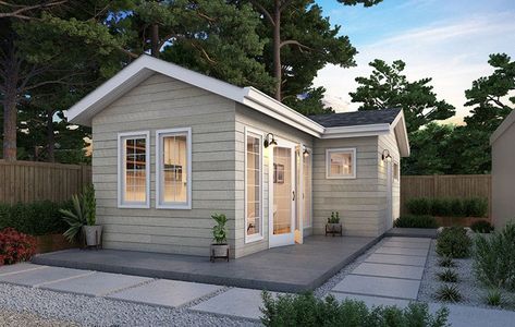 350 sq. ft. L-Shaped ADU in Redwood City | Cottage Tiny Granny Flat, L Shaped Cottage Plans, L Shaped Addition Exterior, Small Backyard Adu, Backyard Studio Plans, Backyard Granny Flat, Adu Designs Cottage, Adu Attached To House, L Shaped Adu Plans