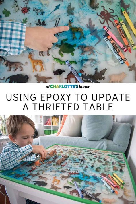 I udated a thrifted table with epoxy and these small plastic animals from Safari, Ltd. It's now a sweet activity table for my kids and they love to interact with the animals that now live in their resin table top. #epoxytable #furnituremakeover #kidstable #resinproject How To Resin Table Top, Small Resin Table, Small Epoxy Projects, Epoxy Table Top Diy, Epoxy Resin Table Ideas, Table Lego Diy, Epoxy Table Top Ideas, Thrifted Table, Table Lego