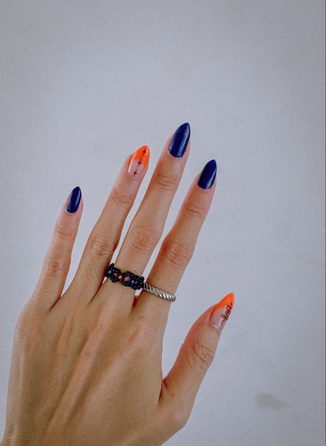 Black Blue And Orange Nails, Short Blue And Orange Nails, Blue Orange Nail Art, Electric Blue And Orange Nails, Orange And Blue Nails Fall, Nail Designs Orange And Blue, Navy Orange Nails, Summer Nails Orange And Blue, Dark Blue And Orange Nails