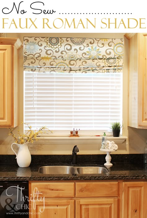 No Sew Faux Roman Shade -that can actually move and drop to the length of the window! Shade Tutorial, Window Over Sink, Sewing Curtains, Faux Roman Shades, Diy Window Treatments, Window Molding, Kitchen Blinds, No Sew Curtains, Over Sink