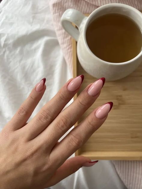 40 Stunning French November Nails Ideas Raspberry French Tip Nails, Dark Pink French Nails, Dark Red French Tip, French Red Nails, Dark Red French Tip Nails, French Nails Red, November Nails Ideas, Red French Nails, French Bordeaux