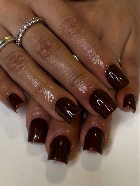 Dark coco short square gel-x 🤎 Dark Nails Square, Dark Brown Short Nails, Brown Short Square Nails, Square Acrylic Nails Brown, Short Square Brown Nails, Brown Nails Acrylic Short, Short Brown Nails Ideas, Short Square Fall Nails, Brown Short Nails