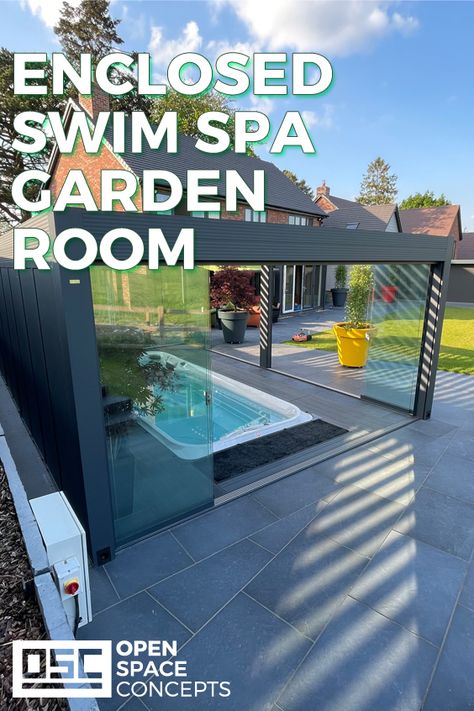 swim spa gazebo Swim Spa In Greenhouse, Enclosed Swim Spa, Swim Spa Enclosure Ideas, Swim Spa Deck Ideas, Spa Gazebo, Indoor Swim Spa, Swim Spa Deck, Swim Spa Landscaping, Outdoor Swim Spa