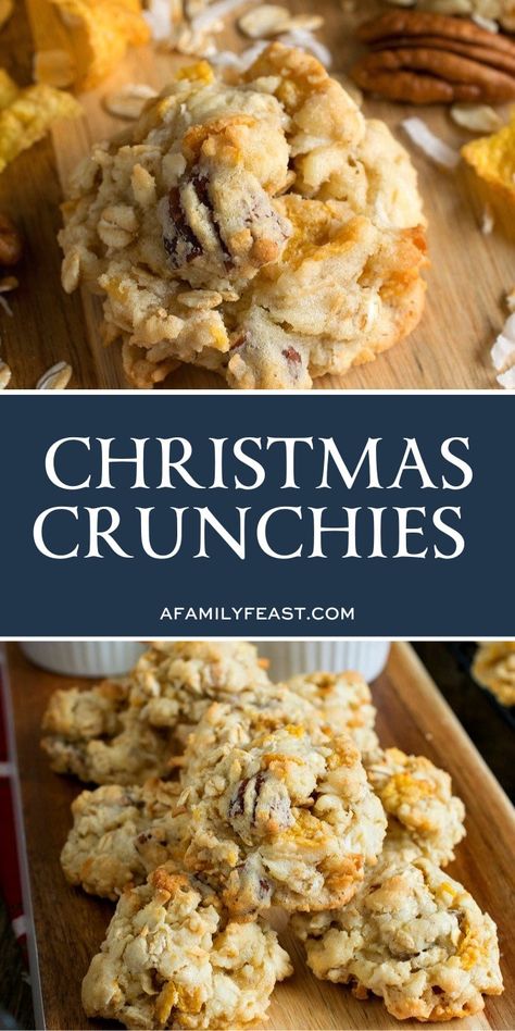 Christmas Crunchies - A delicious vintage cookie loaded with oatmeal, coconut, corn flakes and pecans. Cornflake Recipes, Coconut Corn, Family Feast Recipes, Coconut Pecan Cookies, Feast Recipes, Cornflake Cookies, Fruit Cake Cookies, Italian Cookie Recipes, Seasonal Desserts