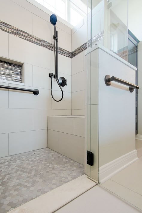 Zero Entry Shower Ideas, Wheelchair Accessible Shower, Curbless Showers, Shower Benches, Accessible Bathroom Design, Shower Ideas With Bench, Ada Bathroom, Accessible Bathroom, Aging In Place