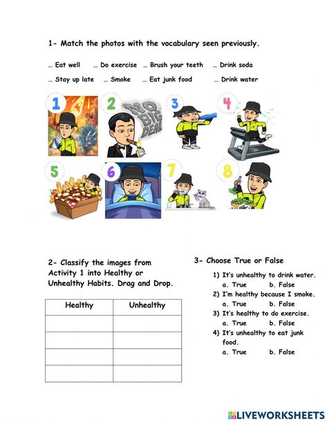 Healthy Habits Worksheet, Unhealthy Habits, Staying Up Late, English As A Second Language (esl), English As A Second Language, Do Exercise, Online Activities, English Lessons, Eating Well