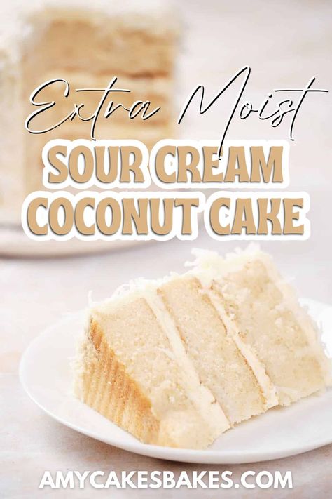 This extra-moist sour cream coconut make uses the reverse creaming technique, giving it an incredibly moist, soft, and rich texture. Light and fluffy but remarkably delicious, this bakery recipe from Amycakes is one of the most-loved. If you want a summery and tropical delicious dessert, this sour cream coconut cake fits the bill perfectly. Learn how to make it on our blog. Sour Cream Coconut Icing, Coconut Cake With Coconut Cream, Coconut Cake Frosting Icing Recipe, Sour Cream White Cake, Amycakes Bakery, Coconut Cream Cake Recipe, Moist Coconut Cake Recipe, Cream Coconut Cake, Coconut Cake Frosting