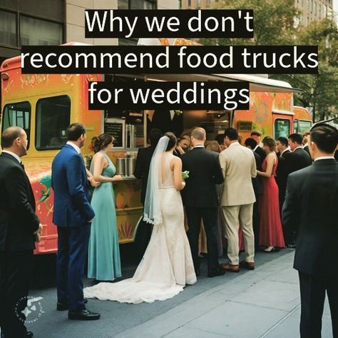 Food trucks are generally a poor design choice for a wedding reception. While couples may think they're adding fun variety or saving money, with a few exceptions they generally are pulling people out of the awesome venue that they've rented, put them in long lines in a parking lot or on the street, and destroyed their photos and timeline. Food trucks can be great in situations where customers are roaming around for extended periods during an event with a minimal timeline/ concession-forward ... Food Trucks Wedding, Food Truck Wedding Reception, Food Truck Reception, Wedding Food Truck, Truck Wedding, Food Truck Wedding, Commitment Ceremony, Wedding Rehearsal, Food Trucks