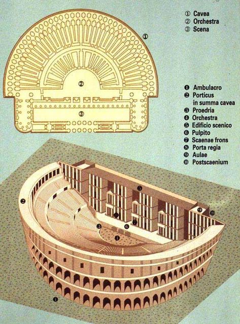 Roman theatre layout with key and terms Ancient Greek Theatre, Architecture Antique, Greek Theatre, Theater Architecture, Roman Theatre, Roman City, Empire Romain, Ancient Greek Architecture, Roman Architecture