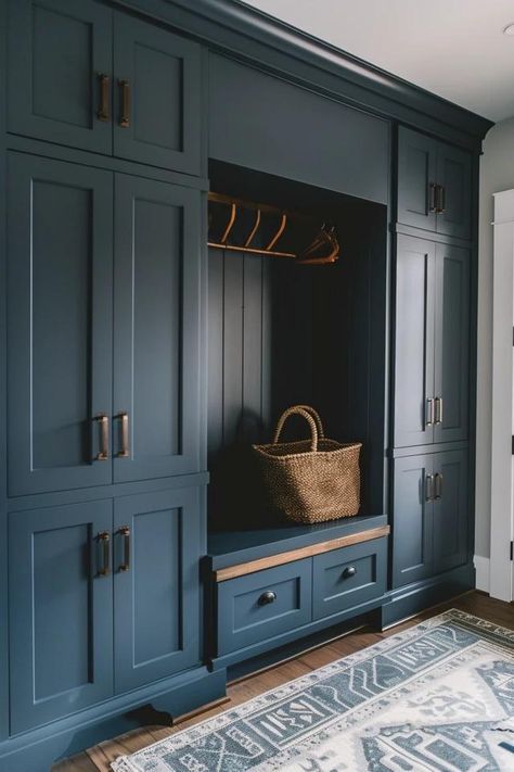 Chic Farmhouse Mudroom Ideas to Inspire You Mudroom Bench With Tall Cabinet, Blue Grey Mudroom, Slate Floors Mudroom, Small Hallway Mudroom, Fun Mudroom Ideas, Dark Wood Mudroom, Mudroom Corner Cabinets, Formal Mudroom, Back Entry Mudroom