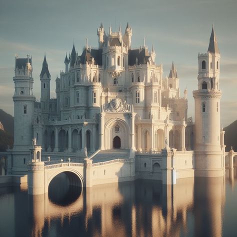 majestic white marble castle, perched atop a picturesque hill. White Marble Castle, White Fantasy Castle, Magic Society, Manor Aesthetic, Castle Inspiration, Castle White, Kingdom Ideas, Christmas Castle, Castle Architecture